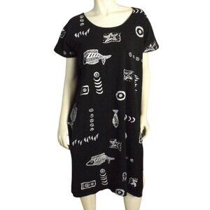 EXIST T-shirt Dress, XL, Black Jersey/white Fish/Stars/geo print, Short sleeves